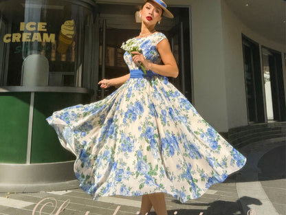 Le Palais Vintage elegant silk floral dress with a huge hem-KOTORI.