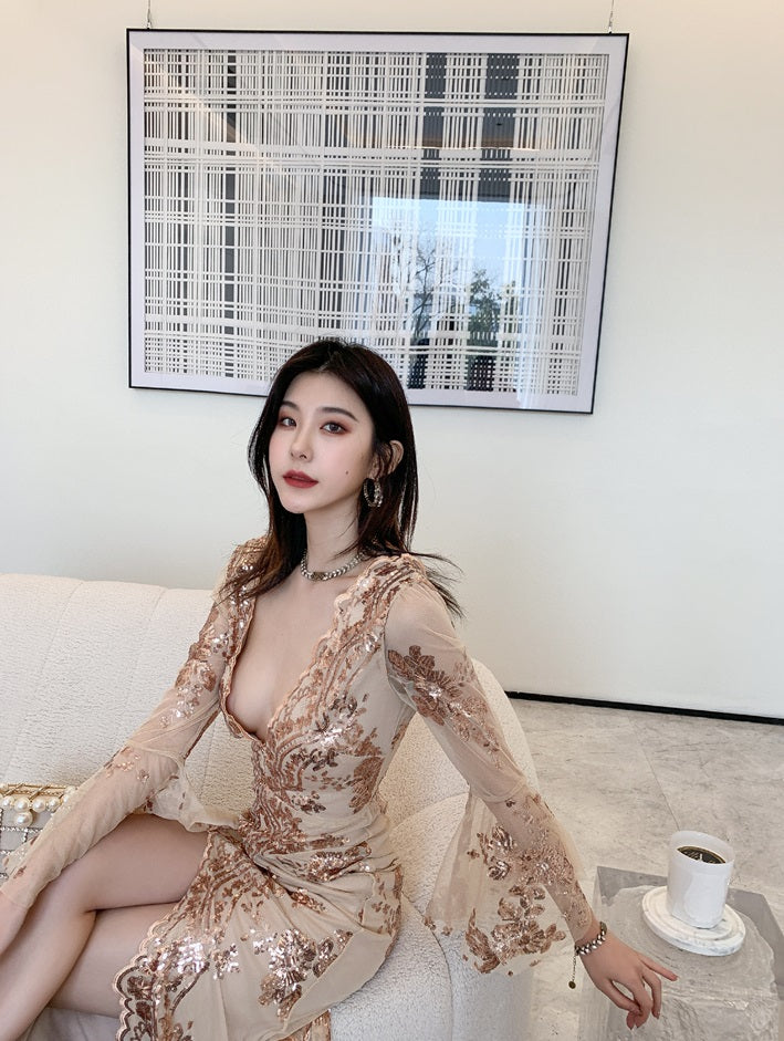 DOLLY Elegant V-Neck Long Sleeve Sequin Hip Flared Fish Tail Banquet Dress-MAY