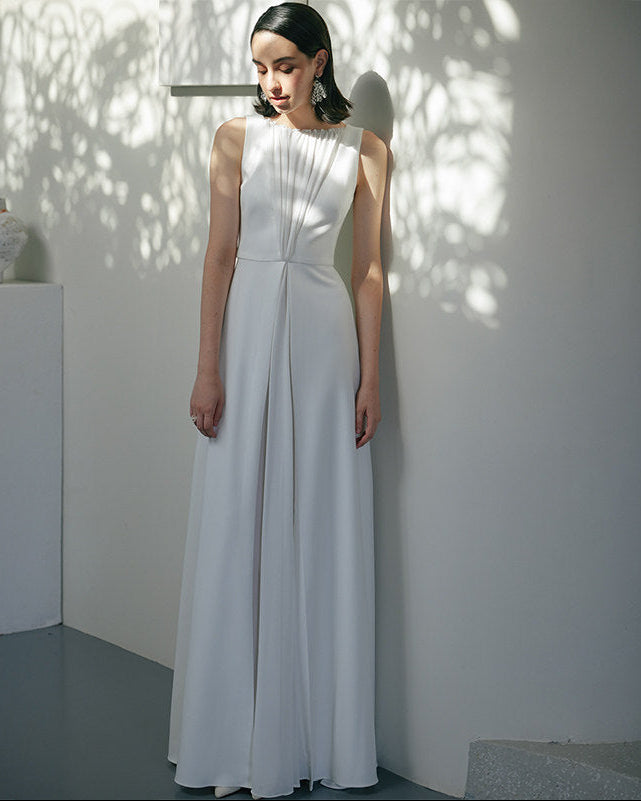 GOUDIN white long engagement outdoor light simple evening dress-TAB.