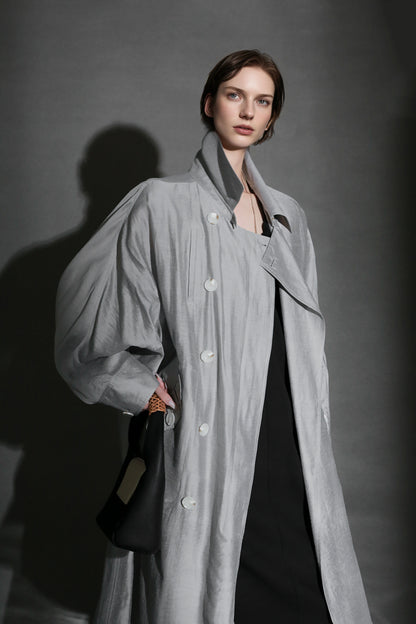 PIAOIN Light Luxury Silk Luster Tencel Linen Trench Coat Jacket -JOSEPHINE