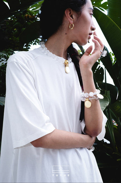 TUYUE Casual White 100% Cotton Moon T-Shirt- AMBER.