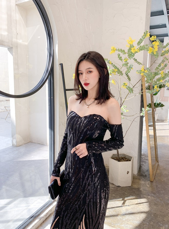 DOLLY High End Black Gold Chest Wrap Long Sleeve Off Shoulder Long Banquet Dress-KANTE