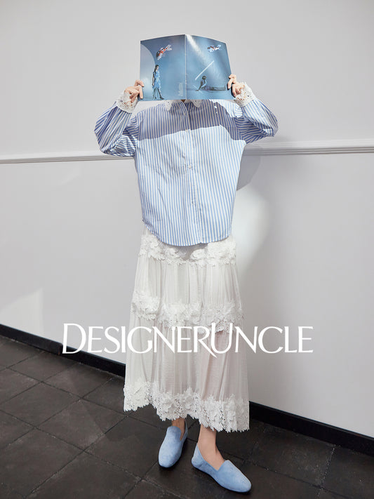 DGU|Blue Striped New Lace Stitching French Elegant Design Top - DREW.