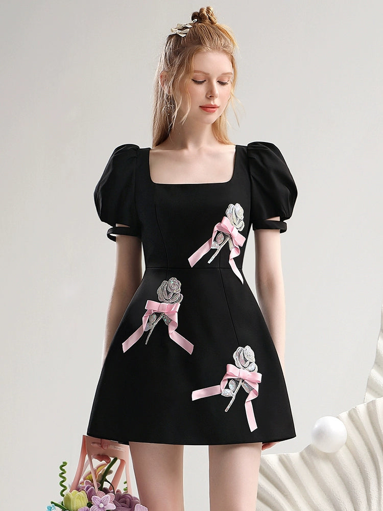 CHECOCRE New Three-Dimensional Beads Rose Bow Contrasting Little Black Dress - CHARLES