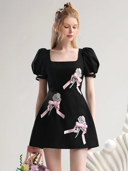 CHECOCRE New Three-Dimensional Beads Rose Bow Contrasting Little Black Dress - CHARLES