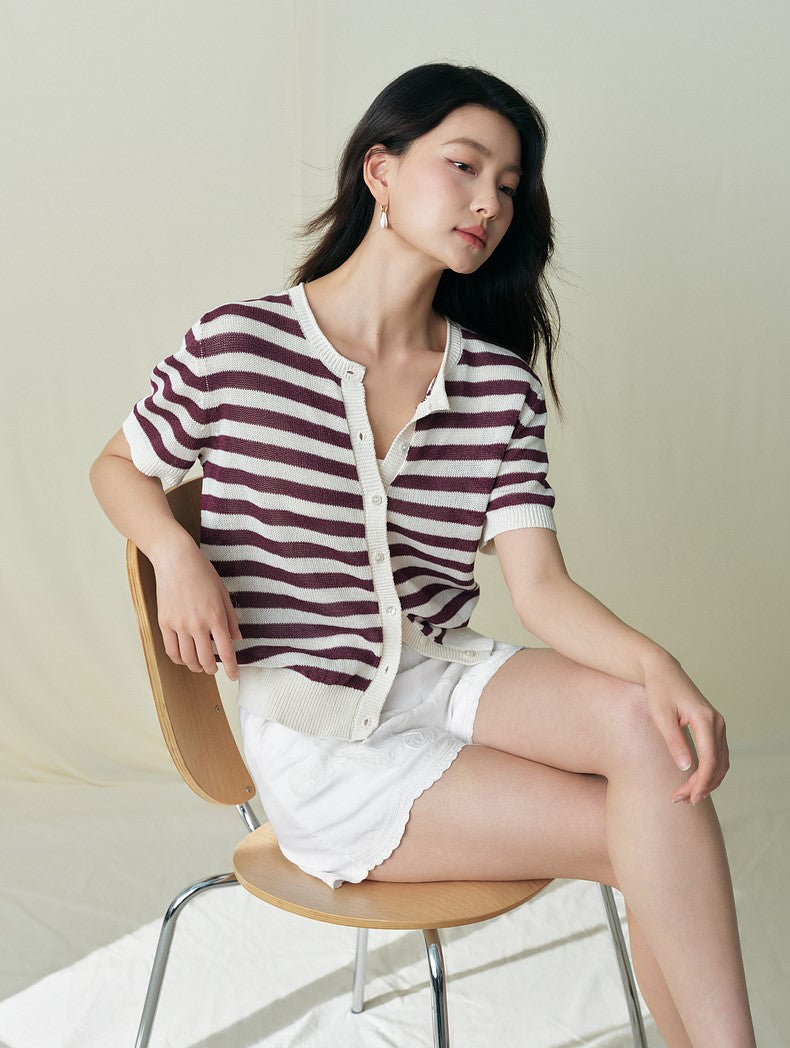SUSHE light hollow texture striped short-sleeved knit sweater new stretch loose top -BESS