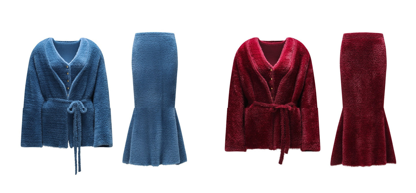WANGXO | Ultimate Fluffy Mink Hair Texture  Lazy Soft Cardigan, Matching Vest & Elegant Fishtail Skirt Set-  KIMI ?