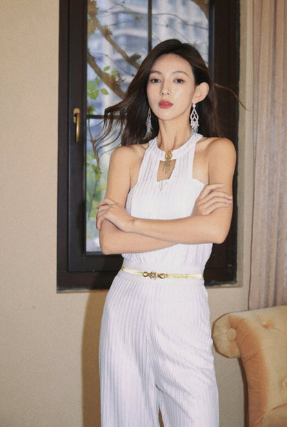 DOLLY High End Black Halter Neck Wrinkle Wide Flared Leg Pant Jumpsuit-LARA