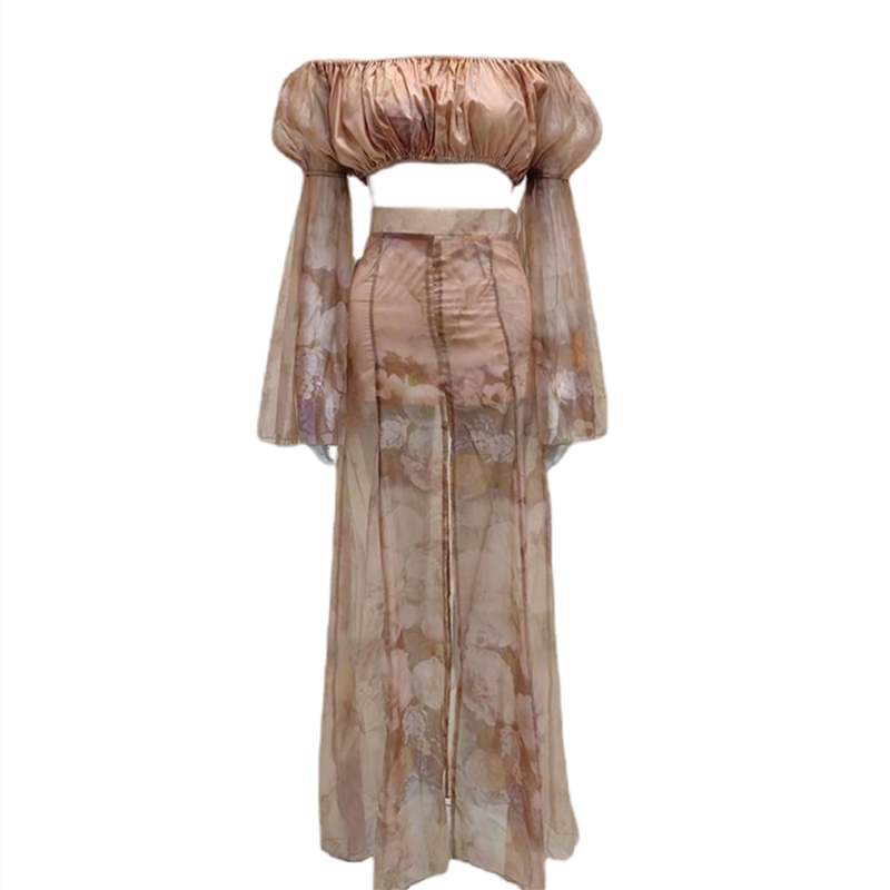 DOLLY Luxury Retro French Style Long Sleeve Top+ Retro Print Midi Slit Skirt-BIANCA