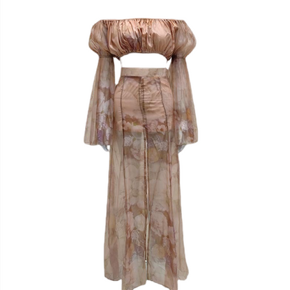 DOLLY Luxury Retro French Style Long Sleeve Top+ Retro Print Midi Slit Skirt-BIANCA