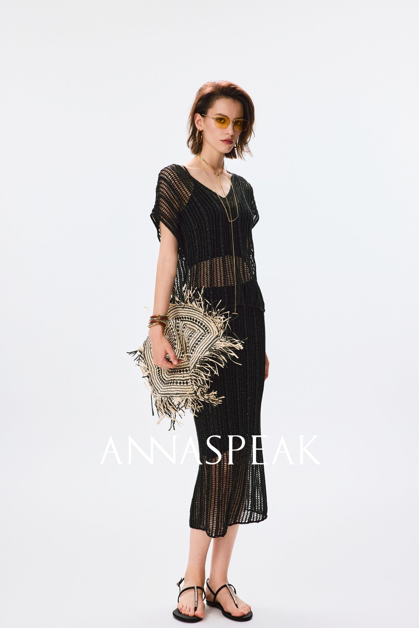 ANNASPEAK Lightweight and breathable cut-out fine glitter top skirt set summer-TOSE.