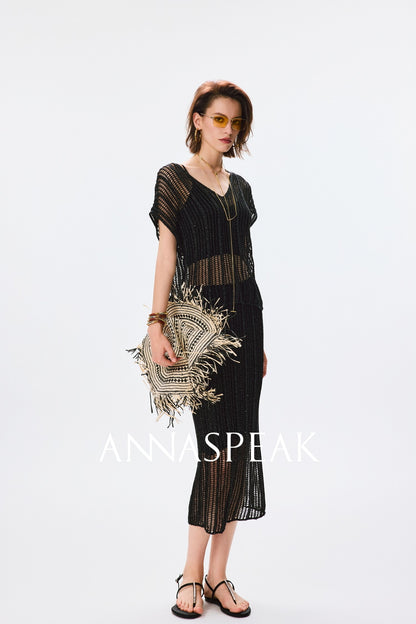 ANNASPEAK Lightweight and breathable cut-out fine glitter top skirt set summer-TOSE.
