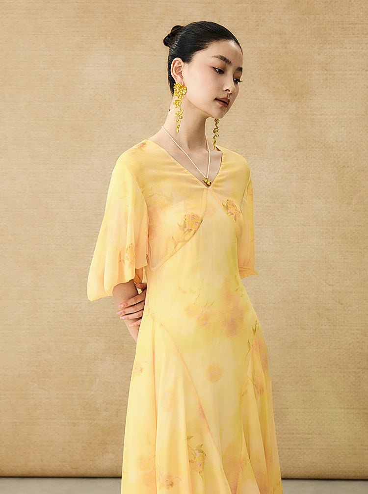 HECO Chinese Floral V-neck Asymmetric Hem Long Dress - DOMINION.