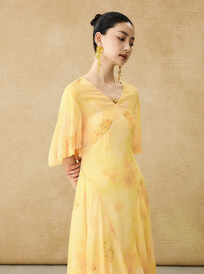 HECO Chinese Floral V-neck Asymmetric Hem Long Dress - DOMINION.