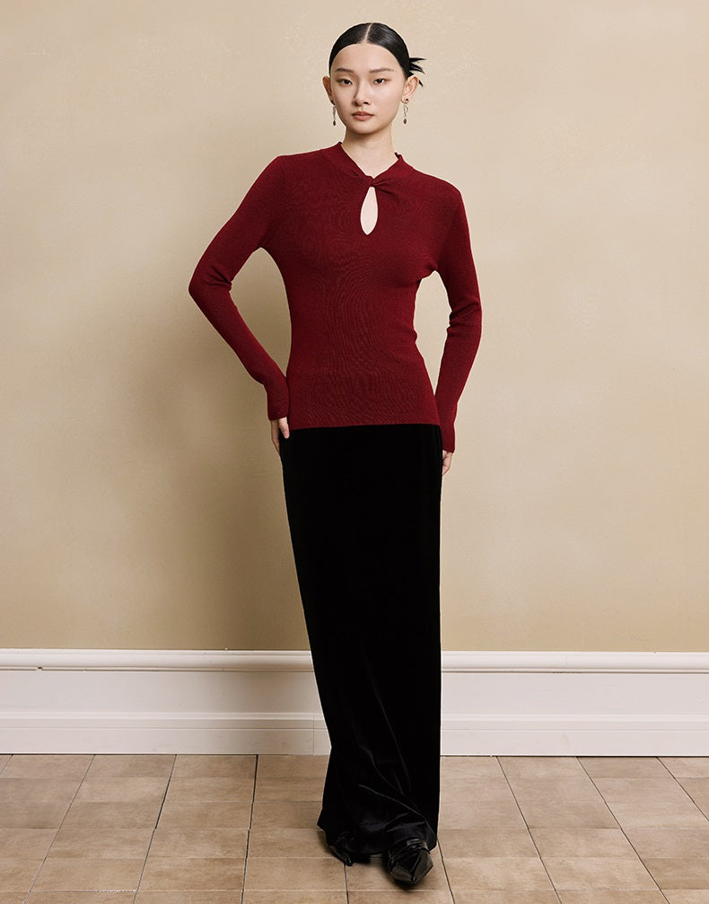 HECO red black white wool Blend twisted cut-out stand collar long-sleeved Knit- secret.