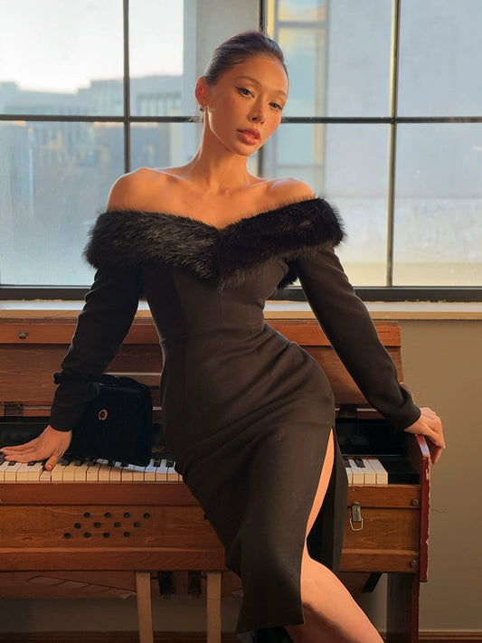 Le Palais Vintage  Elegant Black Fur Collar Off-the-shoulder Little Black Dress-MEE.