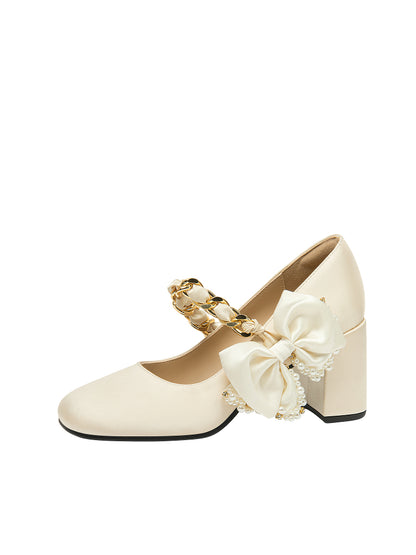 Lily Wei sweet white shallow shoes square toe bow shoes - ELEANOR