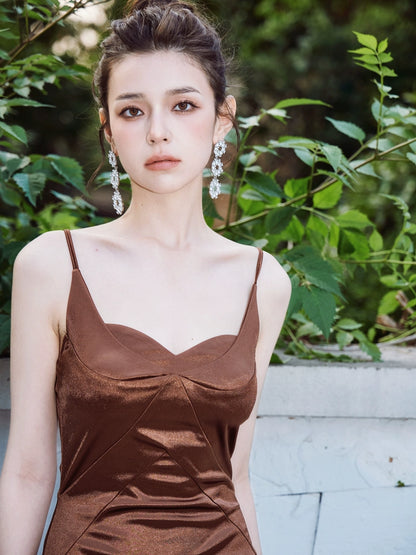 DOLLY Elegant Brown Sleeveless Satin Slim Fit Hip Hug Long Dinner Dress-CRESSIDA