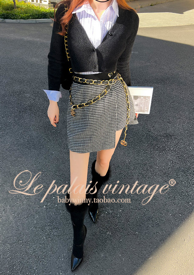 Le Palais Vintage Original Retro Irregular Long Woolen Houndstooth Skirt- VERA.