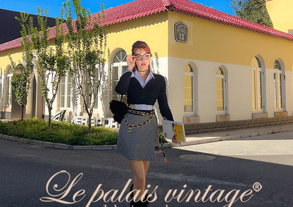 Le Palais Vintage Original Irregular Long Woolen Houndstooth Skirt - Mma.