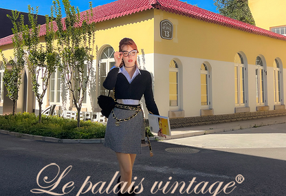 Le Palais Vintage Original Retro Irregular Long Woolen Houndstooth Skirt- VERA.