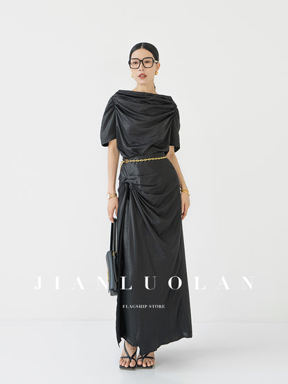 Huanzi custom pleated short-sleeved top + high-waisted heavy kneaded pleated shape split skirt suit
