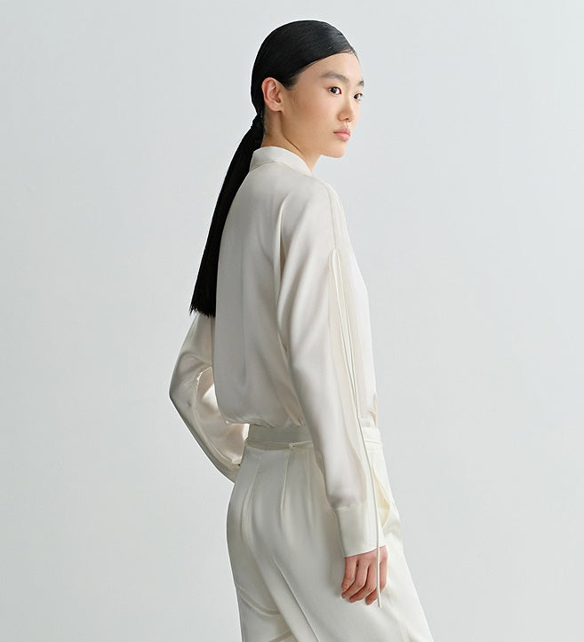 COMME MOI Lv Yan Designer Summer Women's Half Placket Gauze Strip satin  Top - REMI.