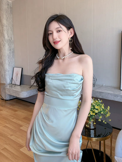 DOLLY Luxury Mint Green Sleeveless Off Shoulder Chest Wrap Long Slit Dinner Dress-CAT