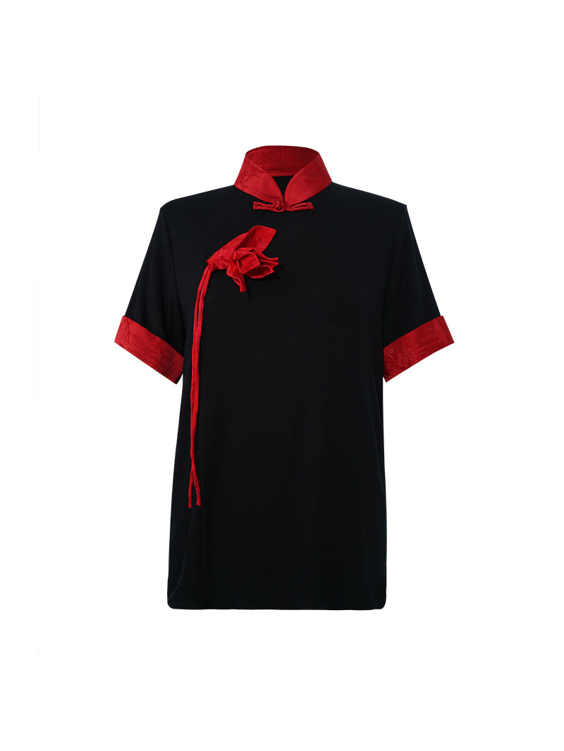 HECO Polyester Handmade Flower Mandarin Neckline Short Sleeve  Black T-Shirt - EVE.