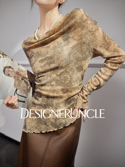 DGU "Gilded" khaki T-shirt autumn new retro print slim commuter slimming top - JACE.