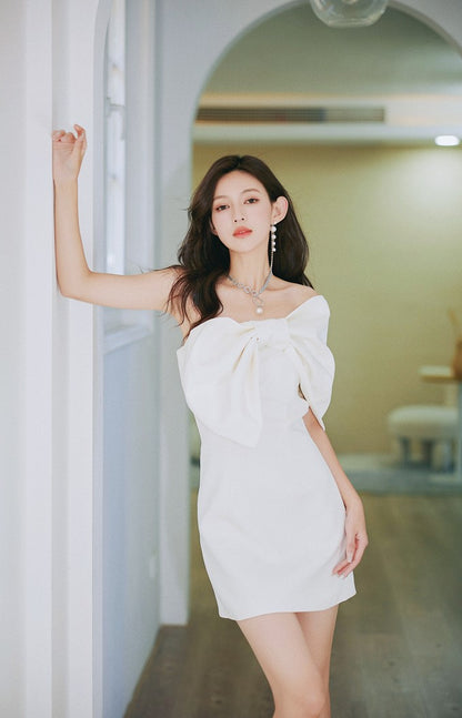DOLLY Elegant Big Bow One Shoulder Short Sleeve High waist Short Dinner Dress-NIKITA