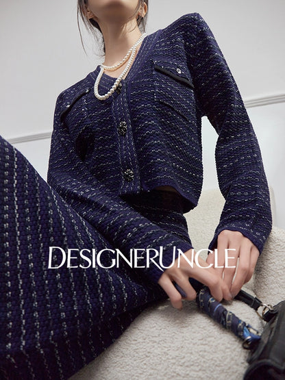DGU|Royal Blue SSmall Fragrance V-Neck Elegant Knitted Top Two-Piece Set.