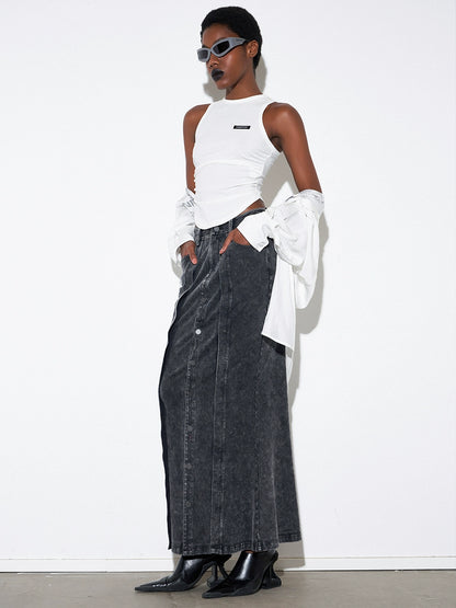 ANNAKIK autumn niche designer gray black two-piece denim skirt-NAYUTA