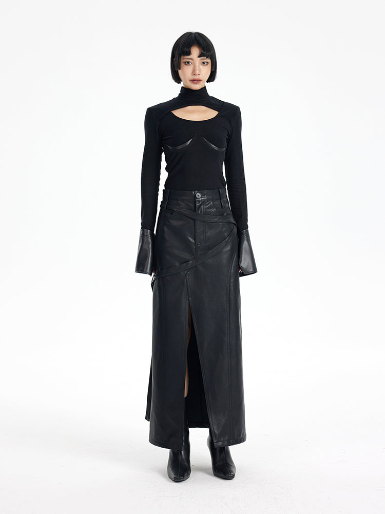 TINY IN black irregular tie women's high waist slit pu leather long skirt -CAM