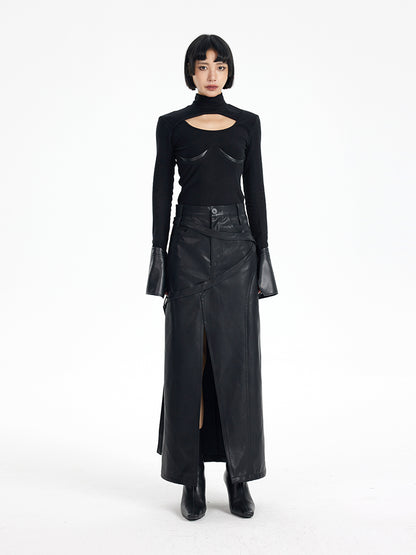 TINY IN black irregular tie women's high waist slit pu leather long skirt -CAM