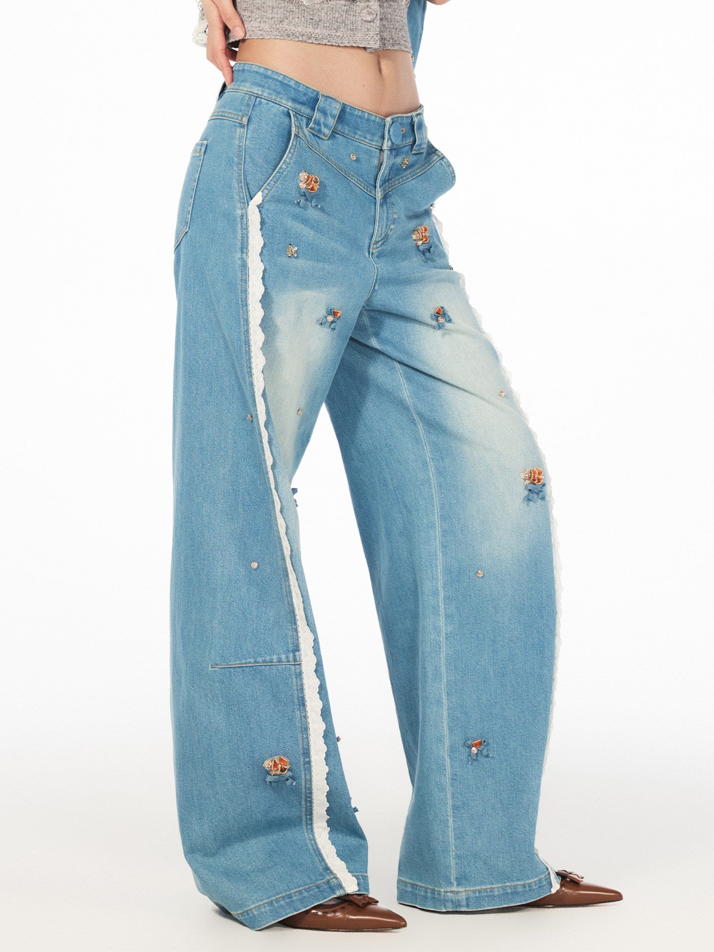 FAME Flower Beaded Patchwork Lace Denim Casual Pants - ANGEL