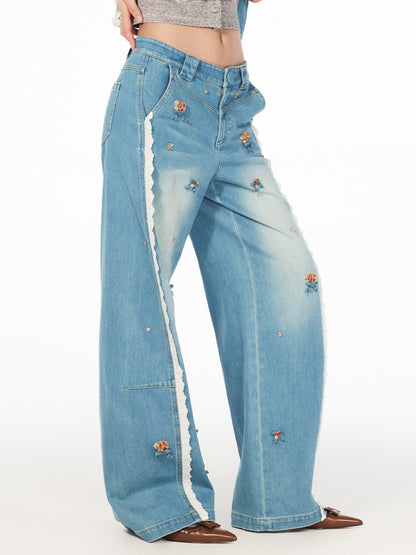 FAME Flower Beaded Patchwork Lace Denim Casual Pants - ANGEL