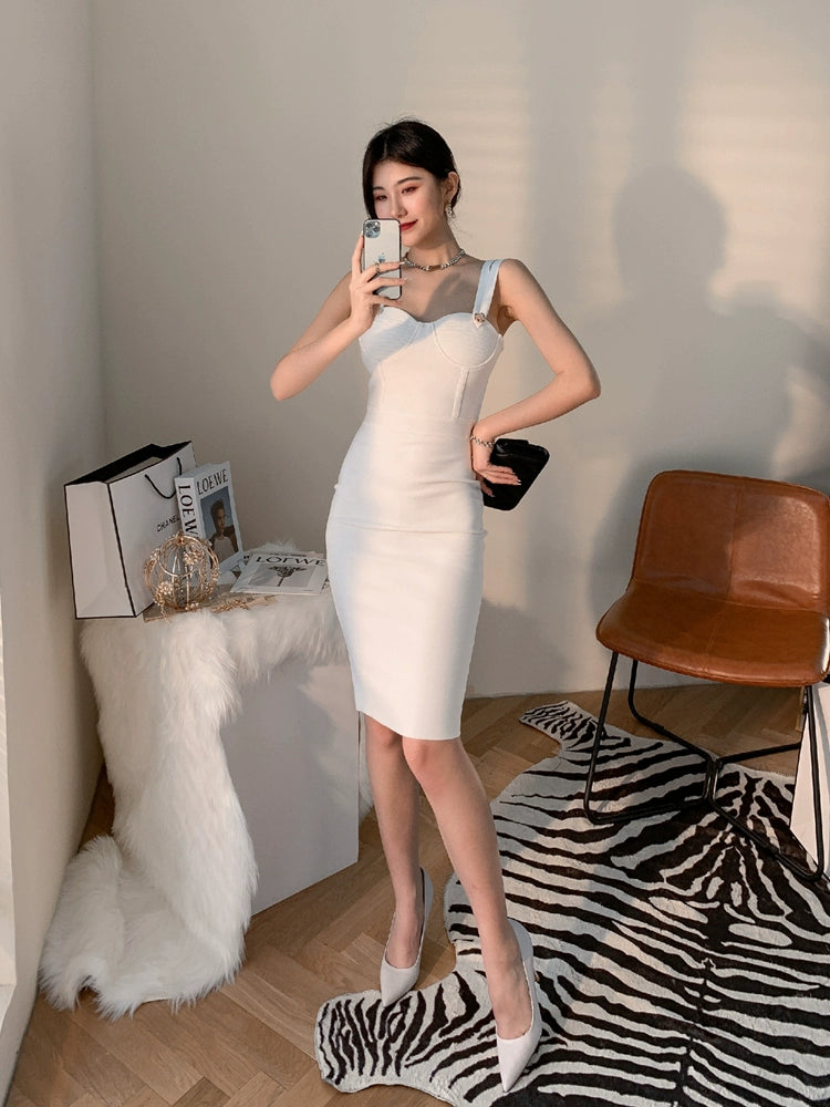 DOLLY Elegant V-Neck Sleeveless Tube Top Body Hug Midi Party Dress-KASIE