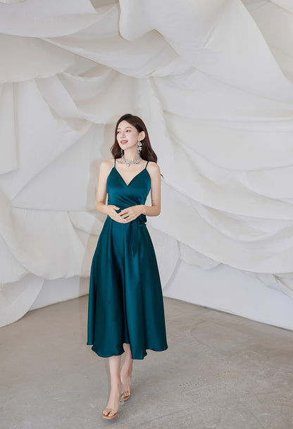 DOLLY Elegant French Style Satin V-Neck Sleeveless Backless Banquet Dress-XENA