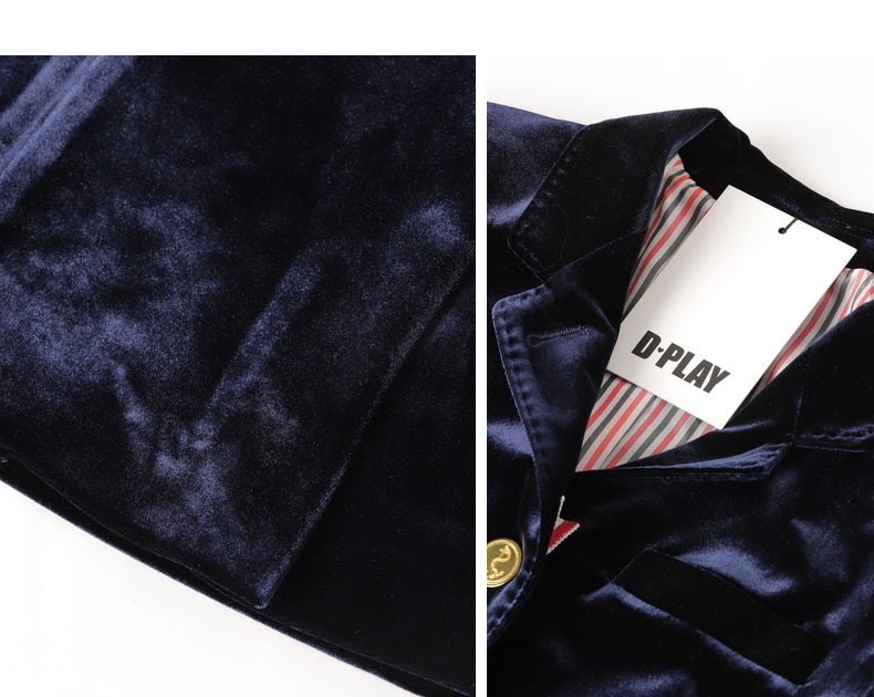 Elegant fall autumn Retro British Stripe Paneled Navy Blue Velvet skirt + blazer  Suit set - Mima