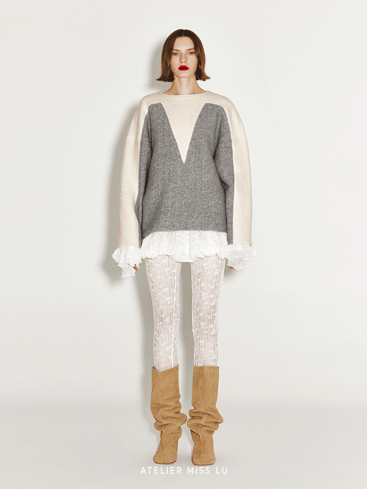 ATELIER MISS LU Love Geometric Fun Contrasting Sheep Wool Sweater - OBSESSED