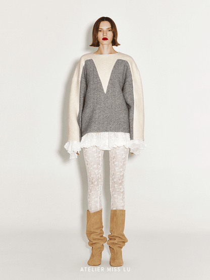 ATELIER MISS LU Love Geometric Fun Contrasting Sheep Wool Sweater - OBSESSED