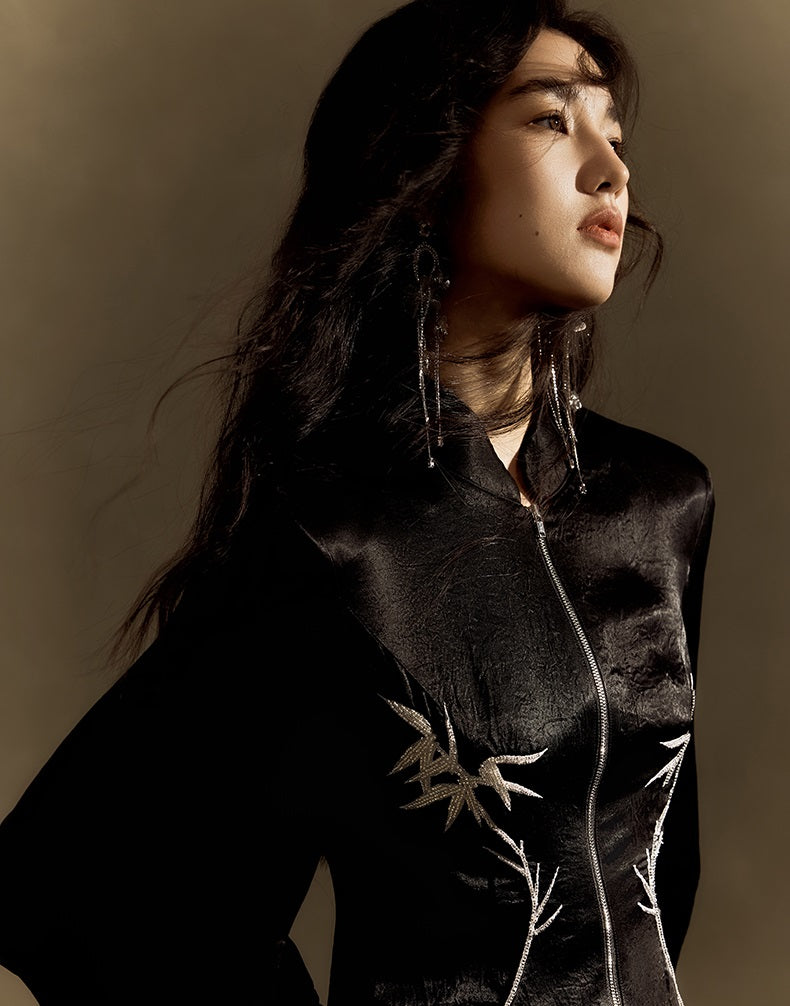 HECO 100% Acetate embroidered Stand-Up Collar black white Jacket Dress Women - king.