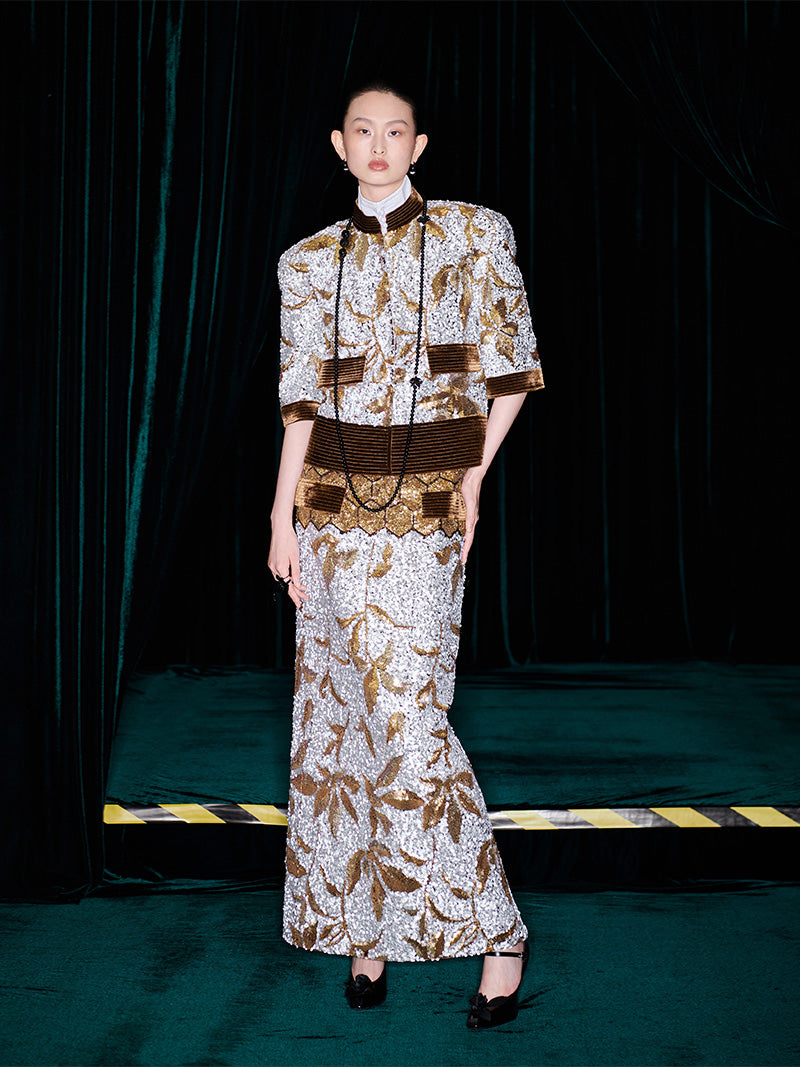 M essential Mackay luxury brown silver stand collar short seuins  jacket top pencil skirt set - sans.