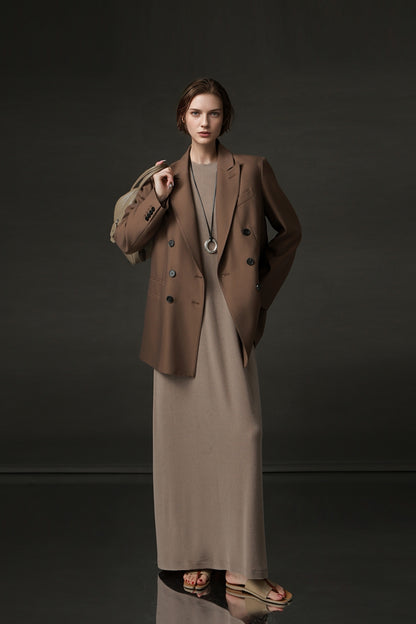 PIAOIN minimalist style nude tencel wool t-shirt skirt versatile dress -LYDIA