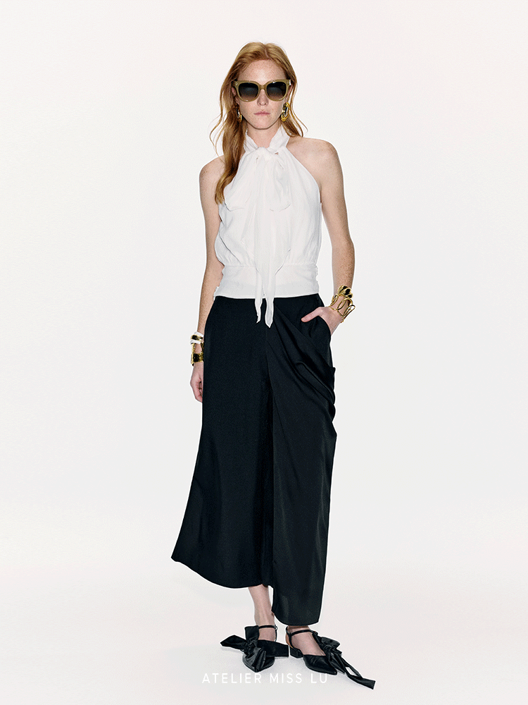 ATELIER MISS LU Long Streamer Design Mulberry Silk Shaved Shoulder Top - YAWEH