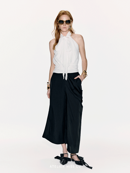 ATELIER MISS LU Long Streamer Design Mulberry Silk Shaved Shoulder Top - YAWEH