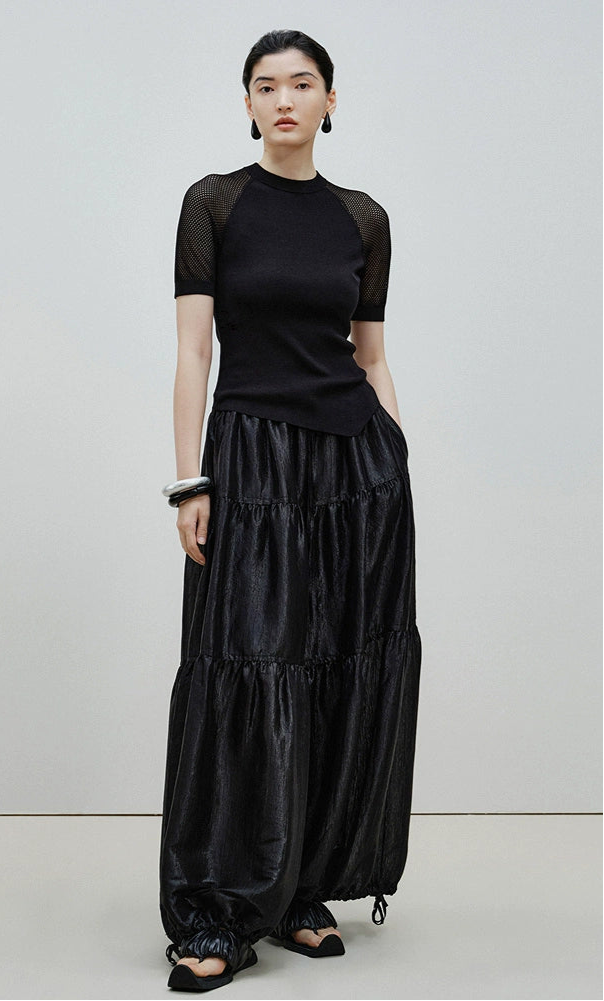 ZHUCHONGYUN black glossy tiered drawstring-cinched loose pants-KURISE.