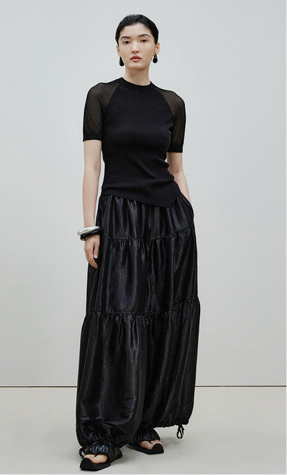 ZHUCHONGYUN black glossy tiered drawstring-cinched loose pants-KURISE.