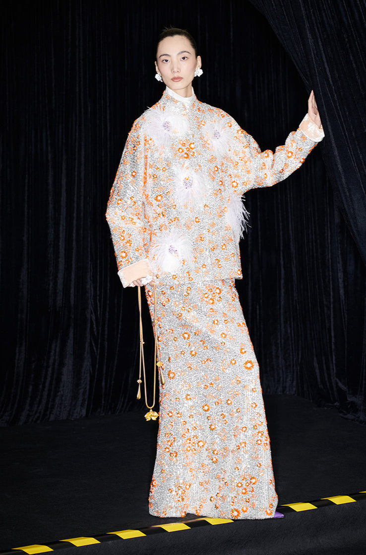 M essential Mackay designer vermilion embroidered fabric iris ostrich feather beaded jacket  FEA.